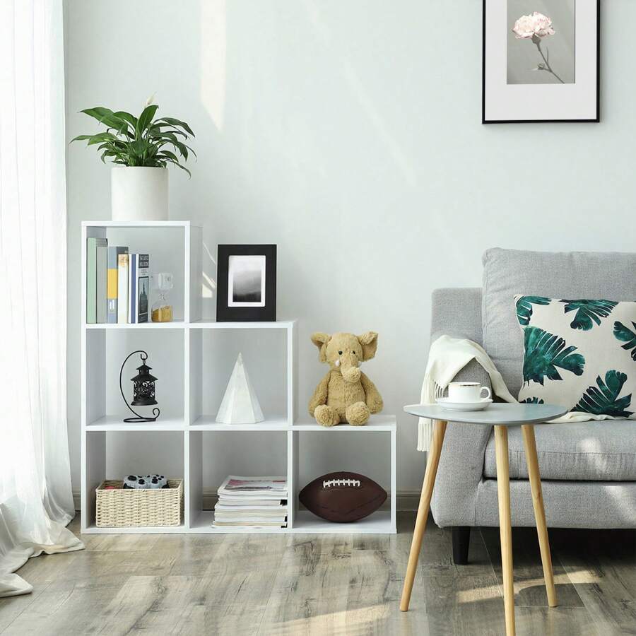 VASAGLE Treppenregal, Bücherregal, Stufenregal, Standregal, mit 6 Würfeln, Leiterregal, als Raumteiler, Würfelregal, freistehend, für Büro, Wohnzimmer, Schlafzimmer, weiß
