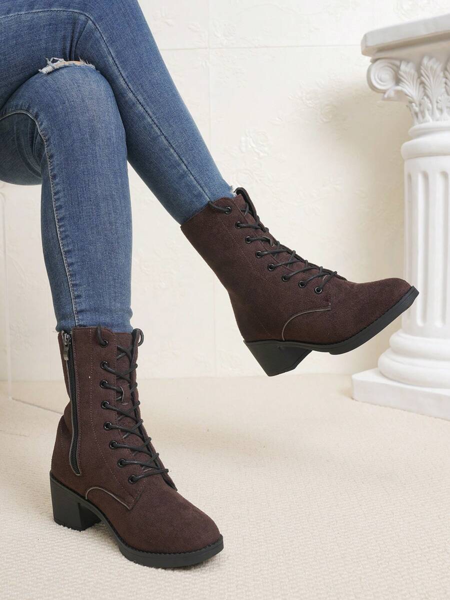 New Women Black Mid-Calf Boots, Thick Heel, Lace-Up Zip Closure, Fashion Slim Style, Comfortable & Warm For Autumn/Winter
