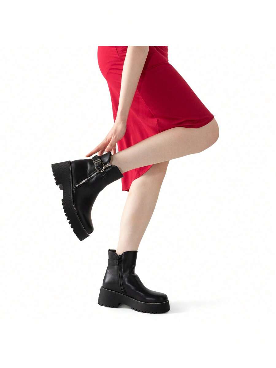 Weide Botines Negros para Mujer -Botas de Mujer Negras de Dedo Redondo con Tacón Alto Grueso - Elegantes Botas Chelsea con Hebilla Metálica y Forro de Esponja para Ocio y Actividades al Aire Libre