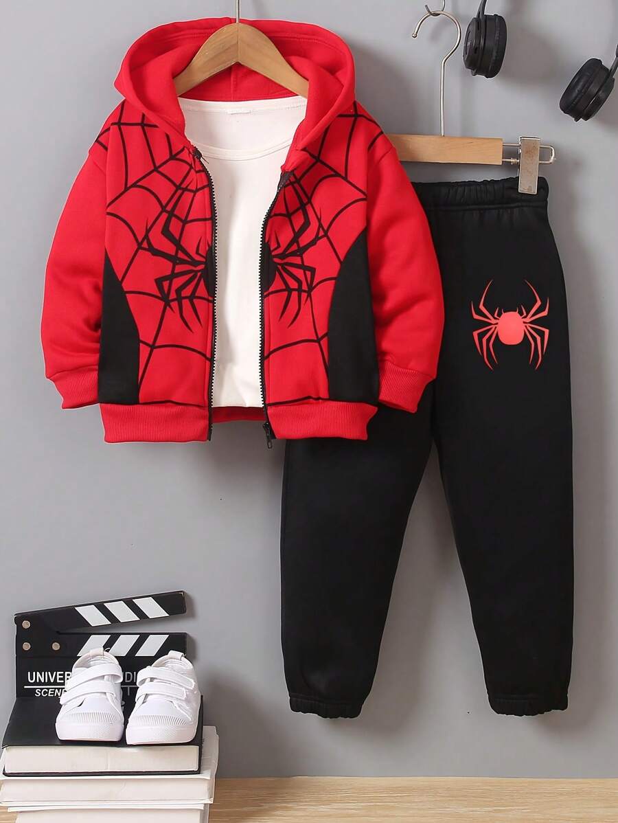 Set de 2 piezas, nueva 2024, chico joven, estilo casual, chaqueta con capucha y pantalones de felpa delgada con estampado de araña en bloques de color