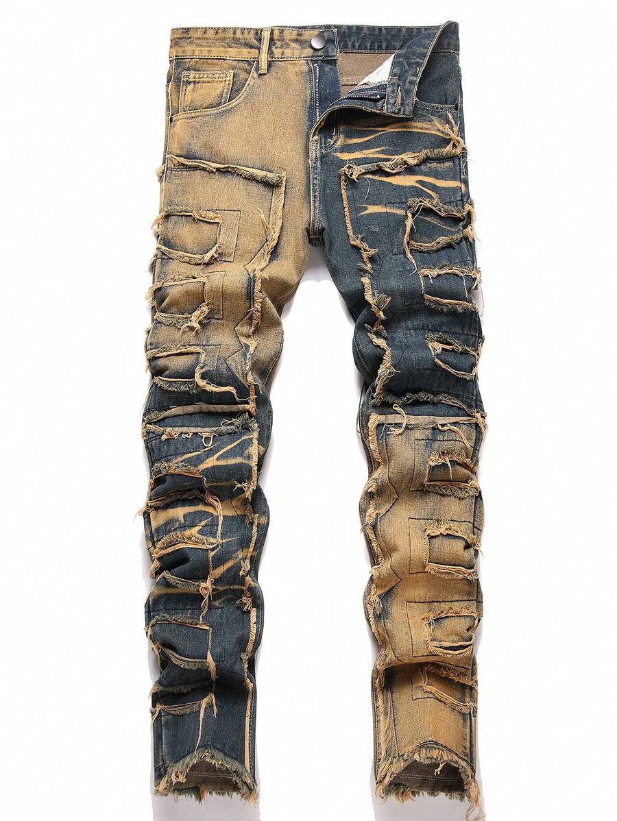 Men's Retro Distressed Color Blocking Slim Fit Denim Jeans