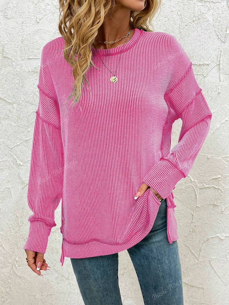 Women Long Sleeve Shirts Fall Ribbed Loose Fit Oversized Sweatshirts Casual Side Slit Tunic Tops