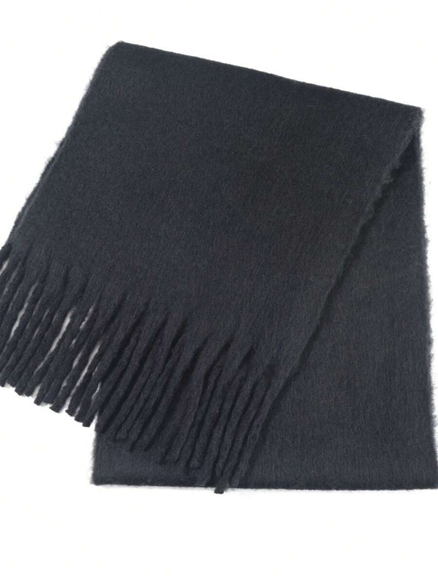 1PC Women's Autumn/Winter Black Solid Color Versatile College Style Elegant Coarse Beard Thick Warm Scarf, Suitable For Cold Proof Shopping And Dressing In Autumn/Winter Season