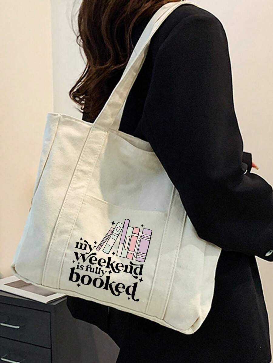 Book Pattern With The Letter 'weekend' Minimalist Shopper Bag Beige Casual,School Bag,Book Bag,Large Capacity,Portable,For Teen Girls Women College Students,White-Collar Workers,Perfect For Work,Back To School,Middle School,High School,College,Vacation ,Teacher's Day Gift