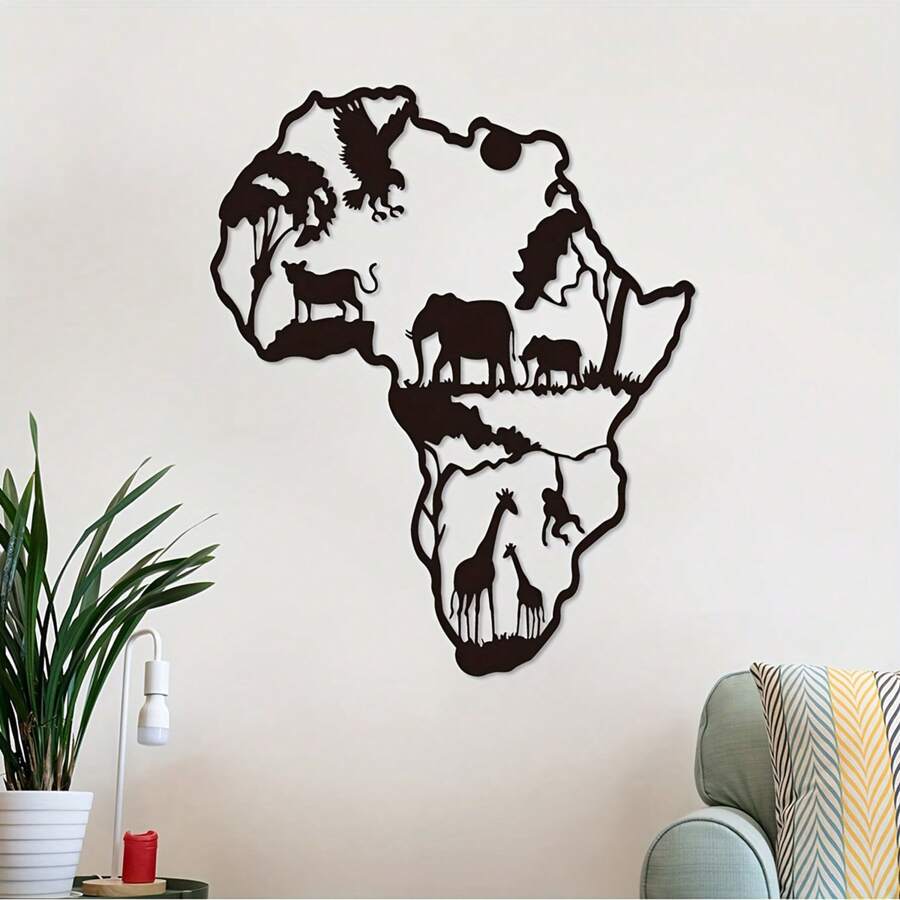 1 pièce Sculpture murale en fer en forme de carte d'Afrique avec animaux - Décoration d'intérieur/extérieur artisanale pour le salon, la chambre à coucher ou la terrasse - Art métallique saisissant, décoration de la maison, décoration de la pièce, décoration murale