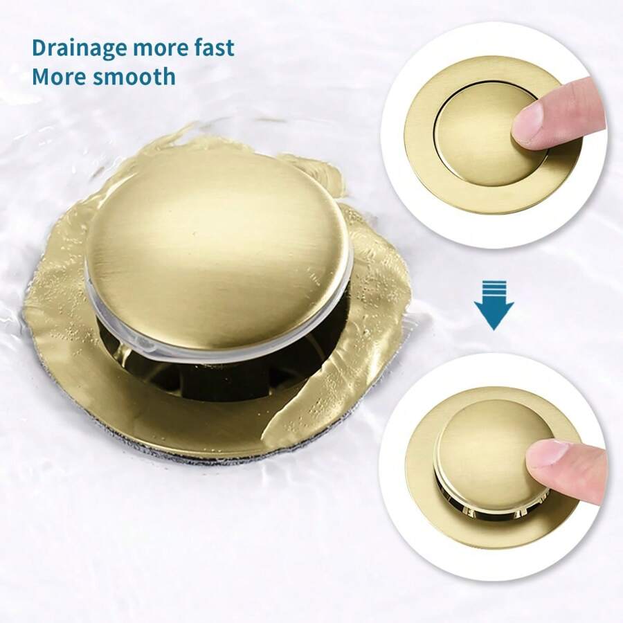 1buc de scurgere din oțel inoxidabil auriu periat, scurgere cu capac pentru chiuvetă/lavoar, rezistentă la mirosuri și scurgeri, design simplu potrivit pentru chiuveta de baie