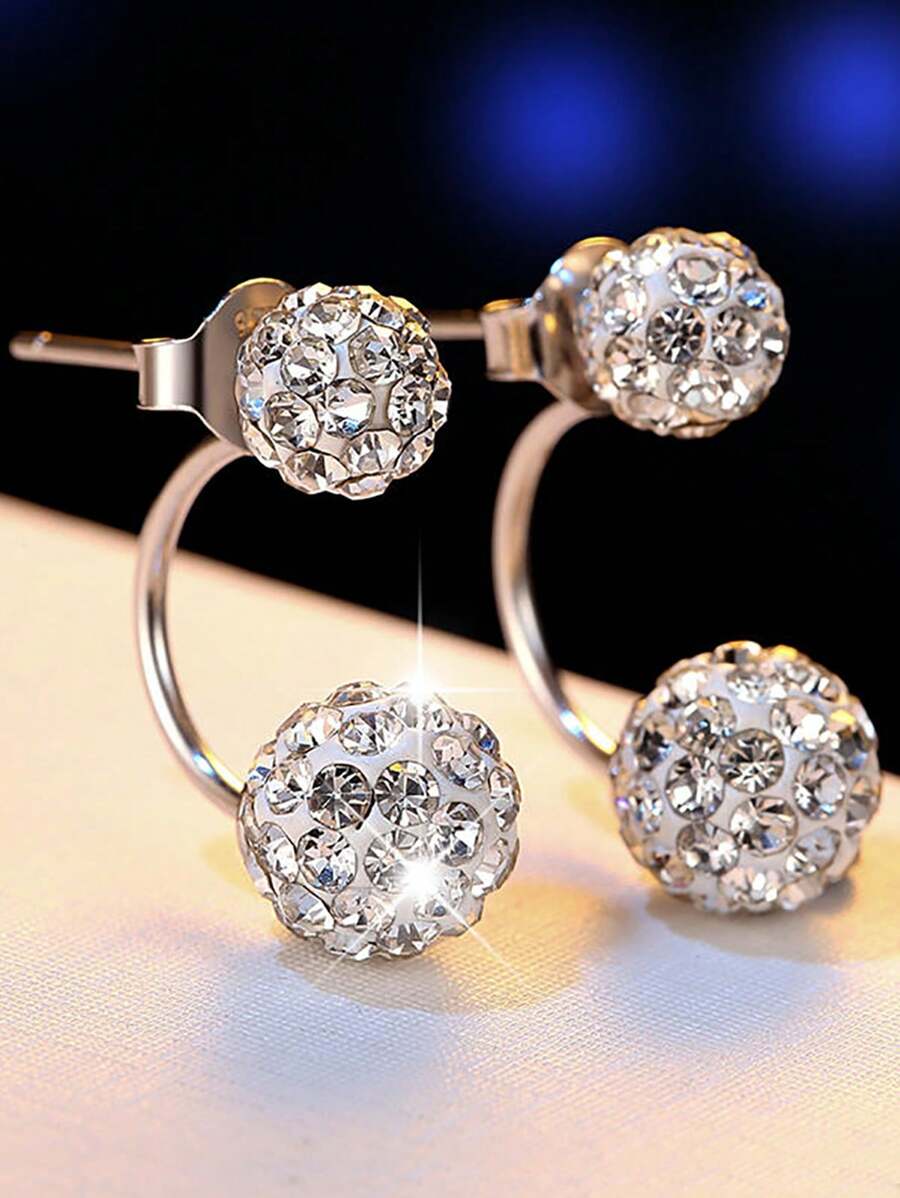 Elegantes pendientes clip de doble bola de plata de ley 925 con circonita cúbica brillante, pendientes de botón clásicos para uso diario para mujeres, aptos para temporada de graduación/primavera y verano/festivales/cumpleaños/aniversario