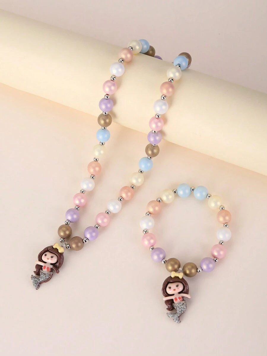 2pcs/Set Mermaid Princess Pendant Necklace And Bracelet Jewelry Set, Multi-Purpose For Girls