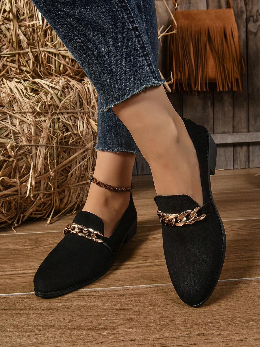 Plus Size Women Retro Slip-On Flat Loafers, Comfort Casual Low Vamp Chain Decor Moccasins