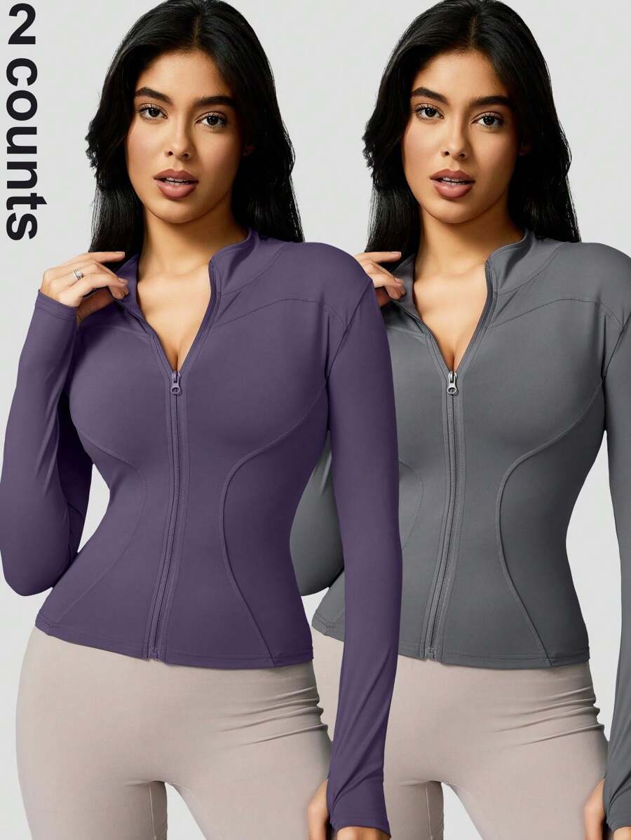 2pcs Women's Fashion Solid Color Thumb Hole Long Sleeve Zip-Up Active Jacket, Tight Outdoor Sports Coat