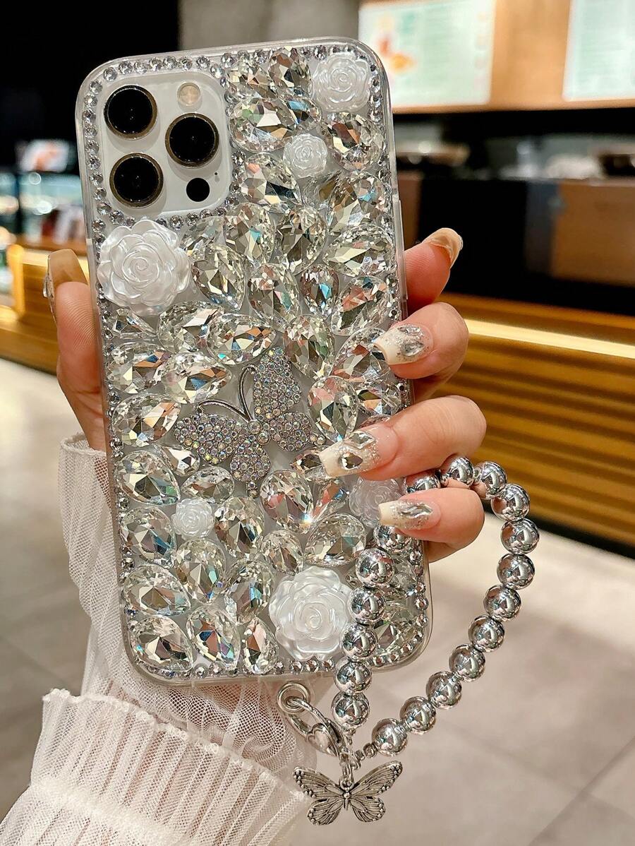 Funda de teléfono a prueba de golpes con cordón, de estilo de moda simple hecha a mano con cristales de imitación, mariposa de cristal de imitación plateada, compatible con iPhone 11/12/13/14/15/16/Pro Max