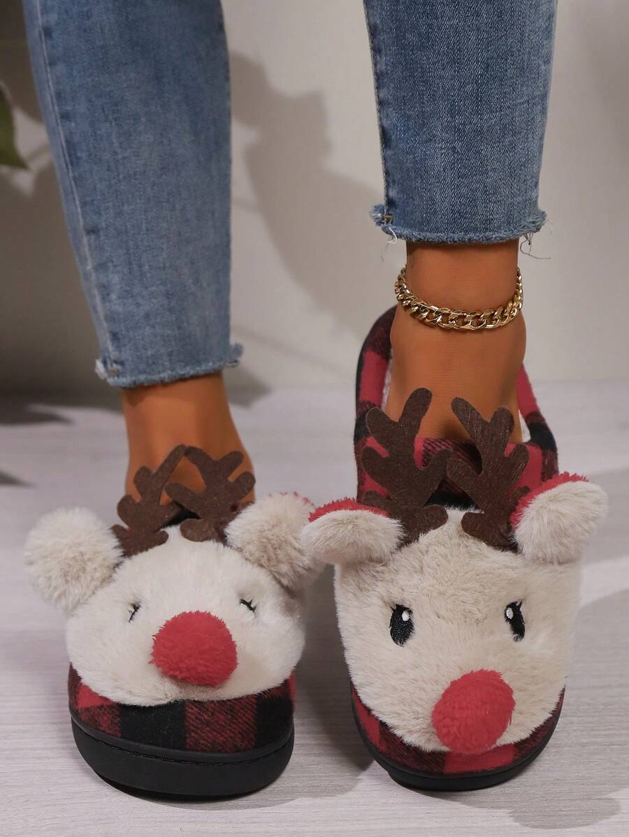 Cómodas zapatillas de casa para mujer con suela blanda, no deslizante y patrón lindo de ciervos navideños, cálidas y suaves para el invierno
