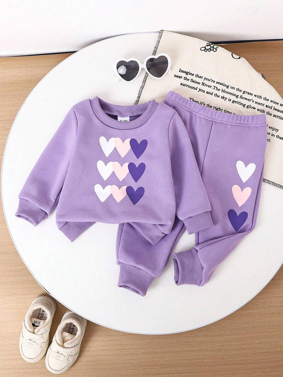 2 stuks/set baby/peuter meisjes casual hart print lange mouwen sweatshirt en joggingbroek set, herfst winter
