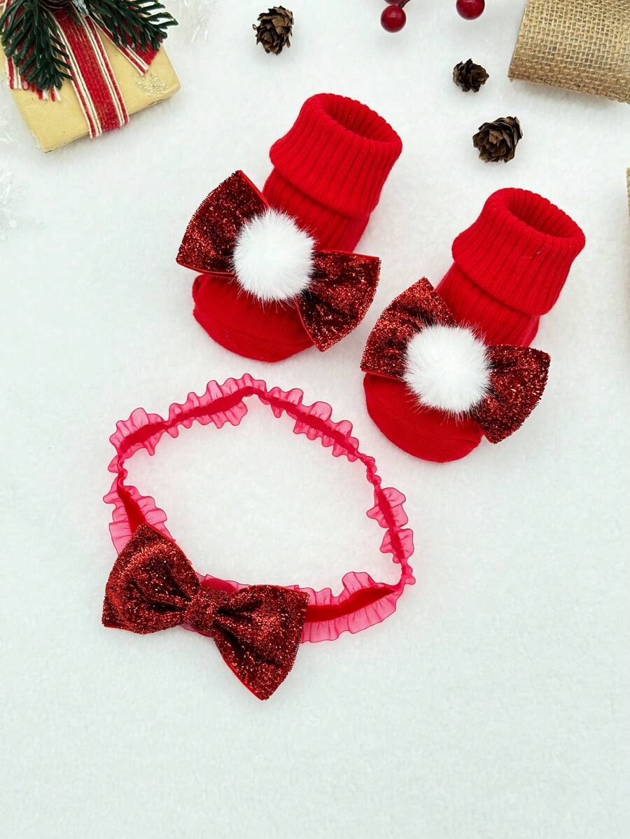 1 Pair Red Christmas Socks & 1 Pc Princess Headband, Suitable For Baby Toddler Christmas & New Year Wear