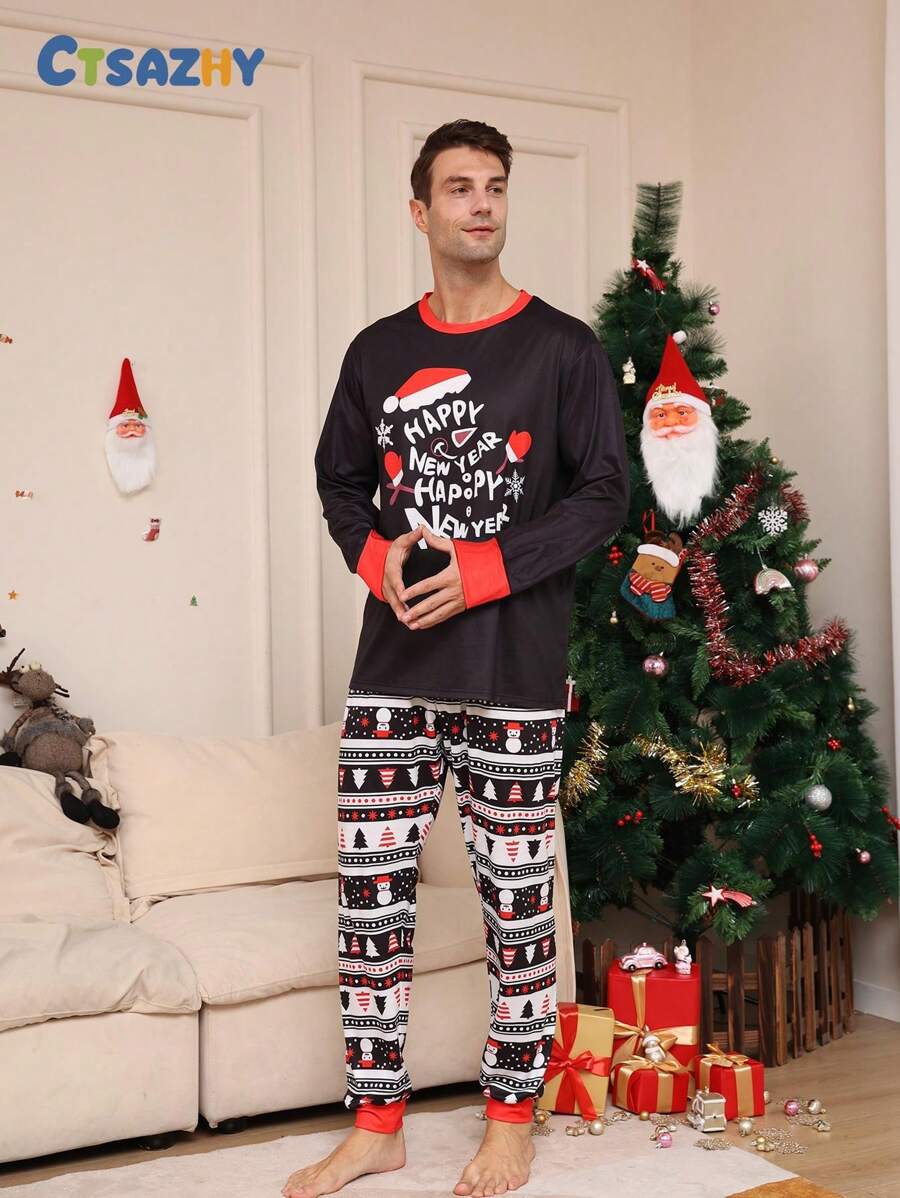Set da 2 pigiami natalizi da uomo, con cappello da Babbo Natale e stampa di piccoli pupazzi di neve, top a maniche lunghe con collo tondo e pantaloni in nero, vestibilità comoda, adatto per autunno/inverno