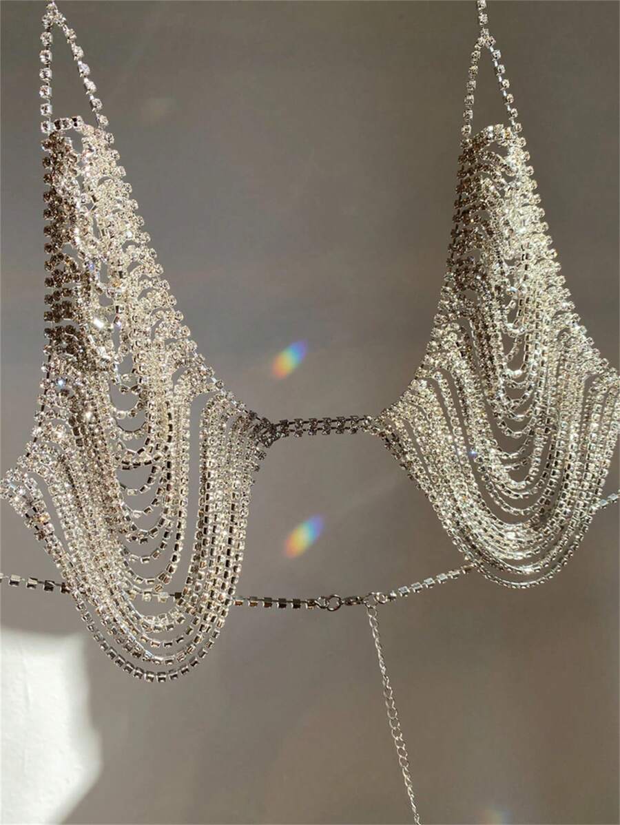 Sutiã-Cinto de Cristais com Borlas Multilayer Luxuoso e Sexy na Moda