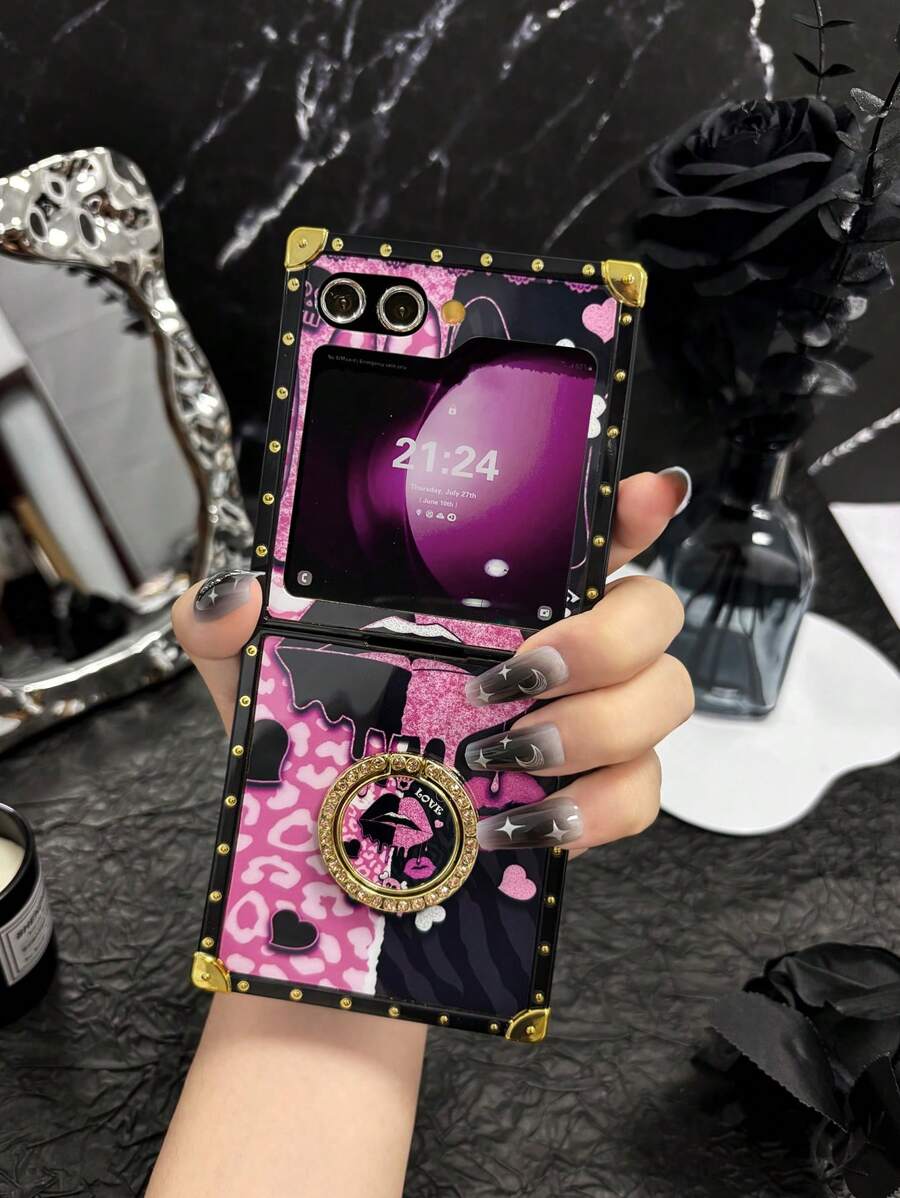 Apple Animal 1pc Galaxy Z Flip3/Z Flip4/Z Flip5/Z Flip6 Foldable Phone Case With Color Block Lips Design, With Stand And Ring Holder - Heart/Leopard/Y2K/Creative/Cute/Horror Elements/Heart/Cartoon/Women Waterproof Shockproof Anti-Fall Scratch Resistant