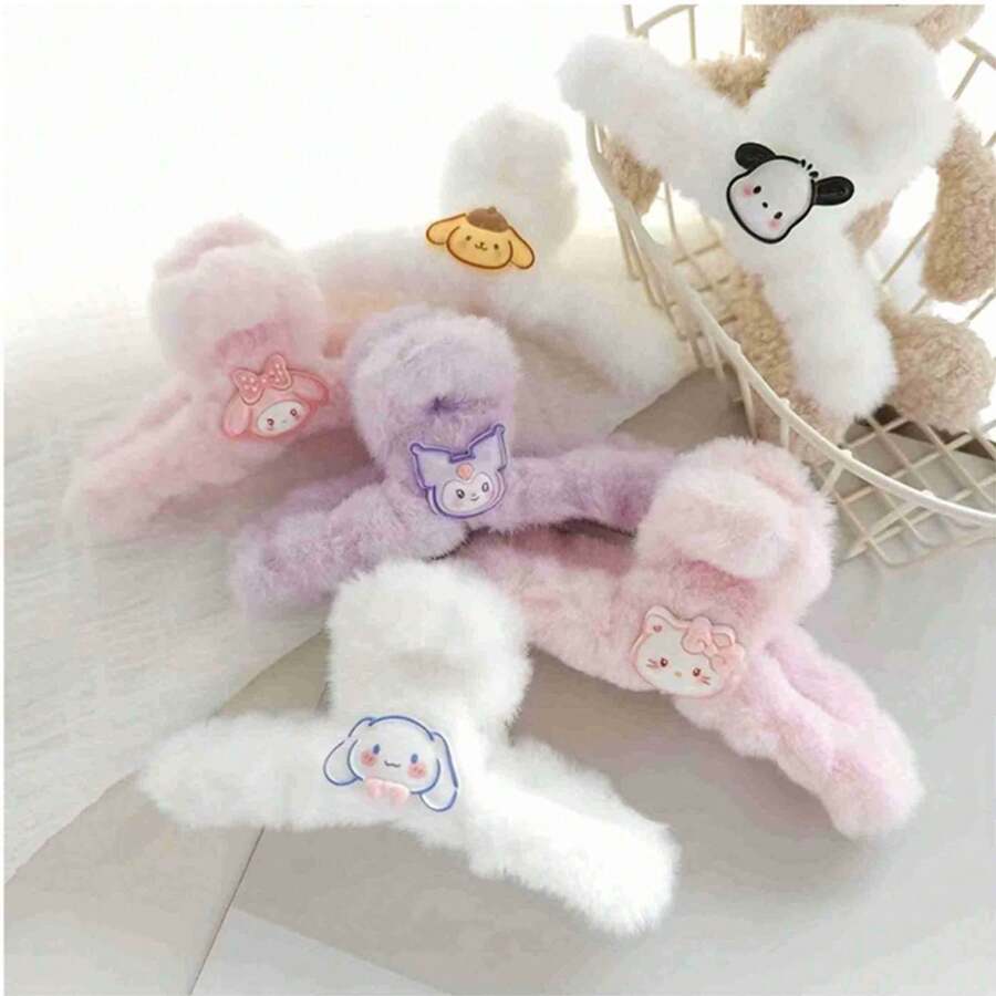 Sanrio Conjunto de 1 peça de grampos de cabelo de pelúcia, acessórios de cabelo fofos de desenho animado, decoração para casa, grampo de pelúcia fofo Sanrio, acessórios de cabelo coreanos de outono e inverno, grampo de cabelo de garra de cabelo de alta qualidade (estilo de cor aleatório)
