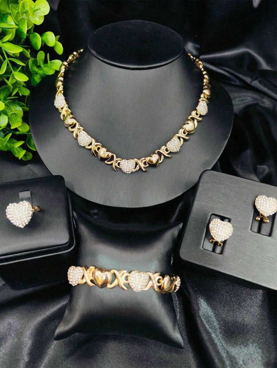 5pcs Fashion Jewelry Set For Women, 18K Gold Plated Necklace Earrings Ring Set, Wedding Bridal Stylish Bear Necklace Jewelry Gift