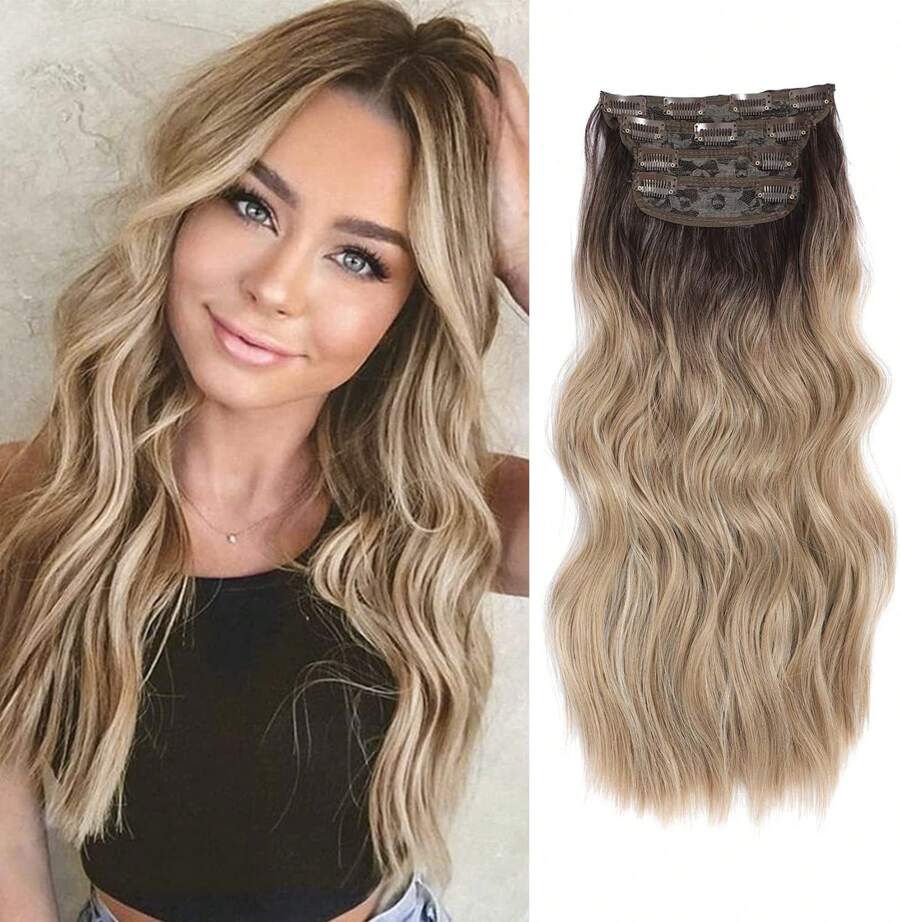 Extensiones con clip, 4 piezas de extensiones de cabello largo ondulado, extensiones de cabello sintético suave natural, postizo con clip para mujeres y niñas