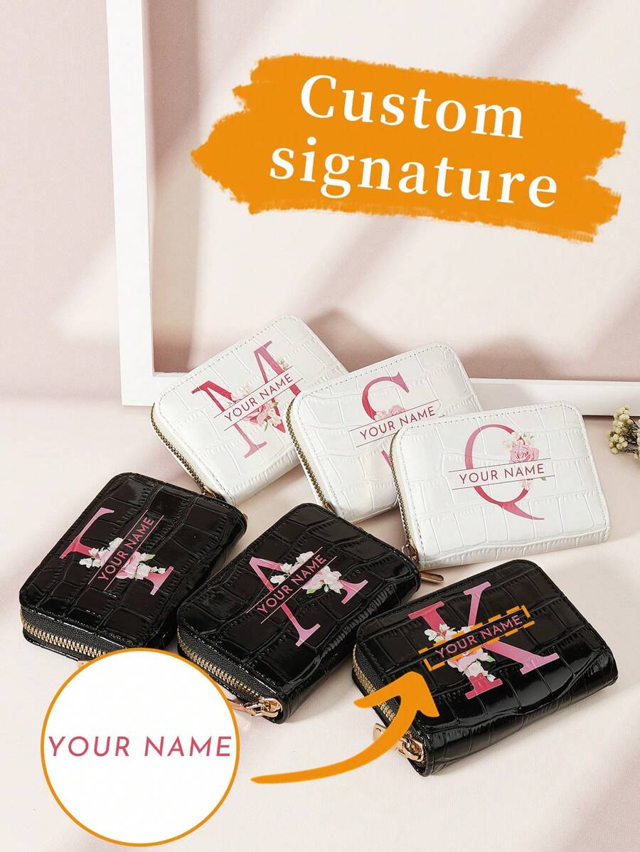 1 pieza Billetera personalizada con firma, billetera con diseño de firma personalizada, billetera versátil con cremallera para monedas con patrón de inicial de la A a la Z, portador de tarjetas gráficas con letra, organizador de tarjetas de crédito multiusos para útiles escolares, bolsos y bolsos de mujer