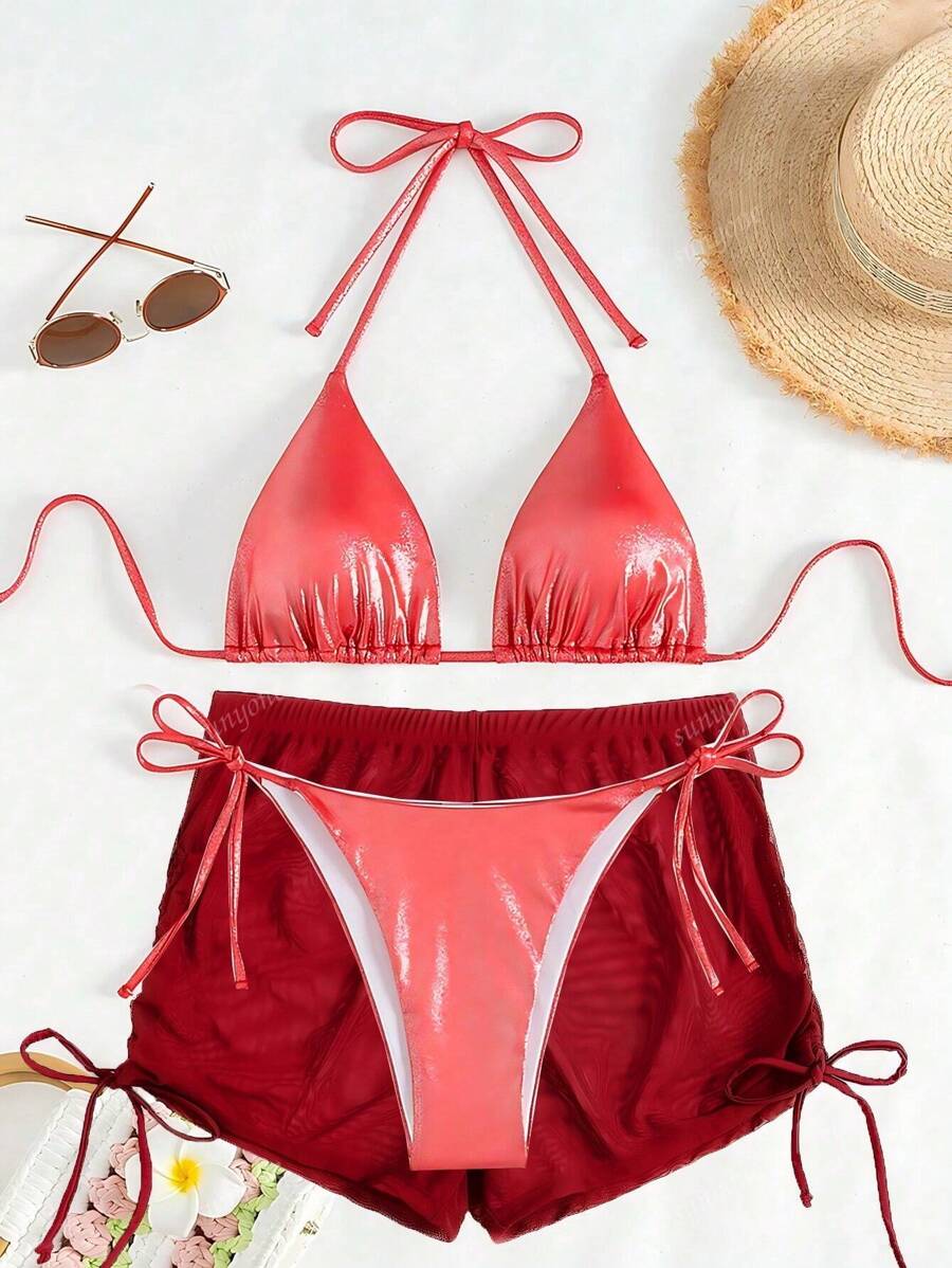3pcs Red Sparkle Fabric Tie-Up Cover Up Swimwear Set Swimsuits And Swimming Trunks Cover Up, Summer Beach Vacation