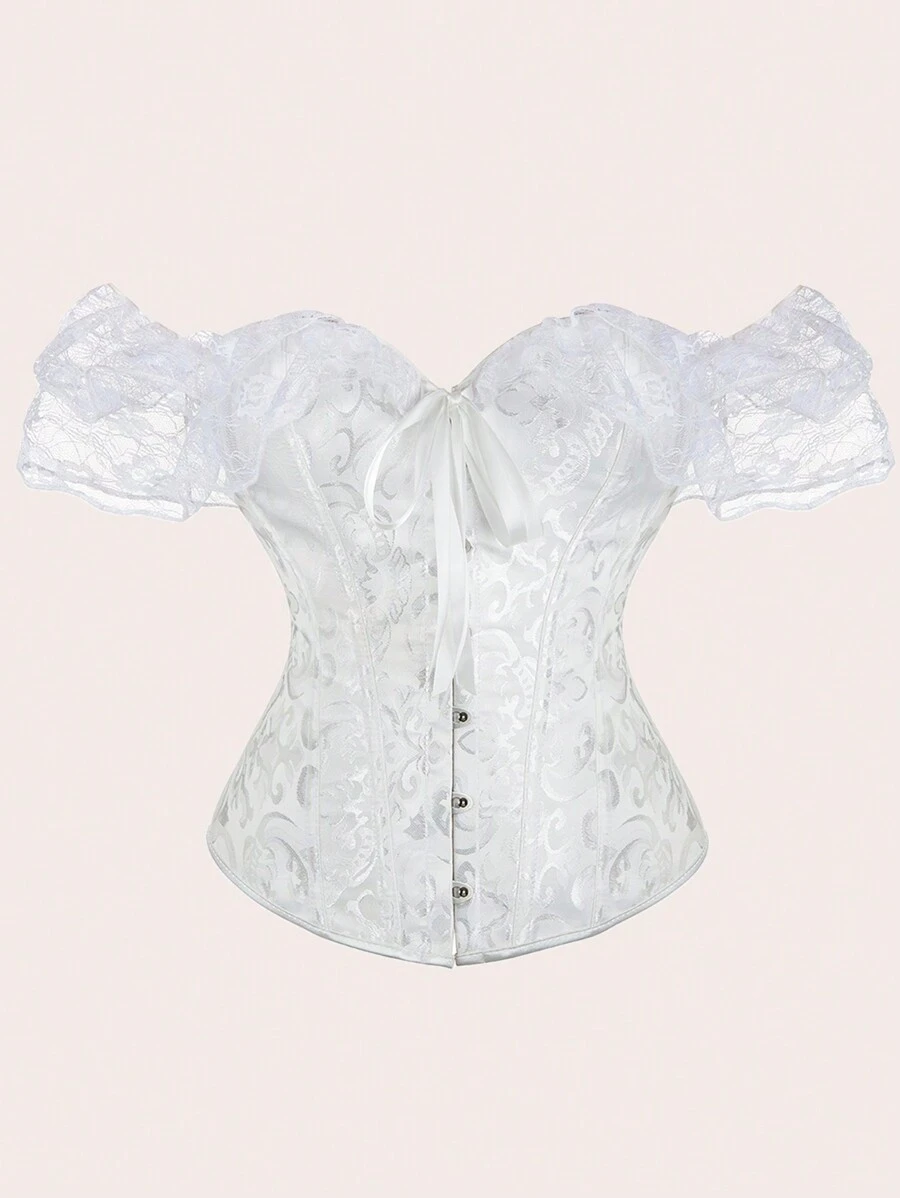 Jacquard Lace Patchwork Cross Strap Bodycon Top Palace Style Corset With Boning To Shape Waist And Push Up Bust, Sexy Jacquard Shapewear Top, Suitable For Wearing With A Dress, For Halloween Christmas