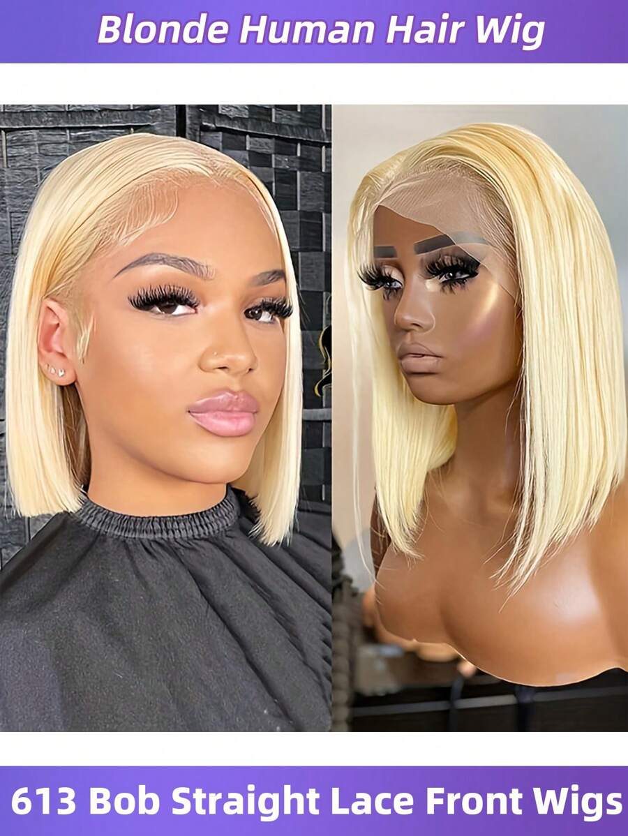 Peruca Bob de Cabelo Humano Loiro 613 de 12 Polegadas, Reta, Frente de Renda 13x4 com Cabelo Implantado, Renda Transparente e Densidade de 150, Perucas Loiras 613 de 8-16 Polegadas para Mulheres, Peruca Bob Curta para Mulheres