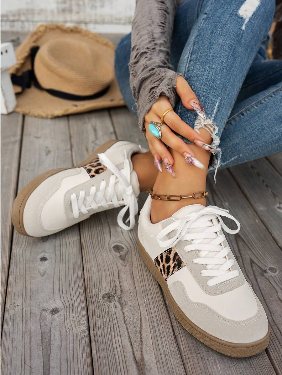 Damen Retro Trainingsschuhe, lässige Schnürschuhe mit Farbblock Leopard Muster, Sportschuhe