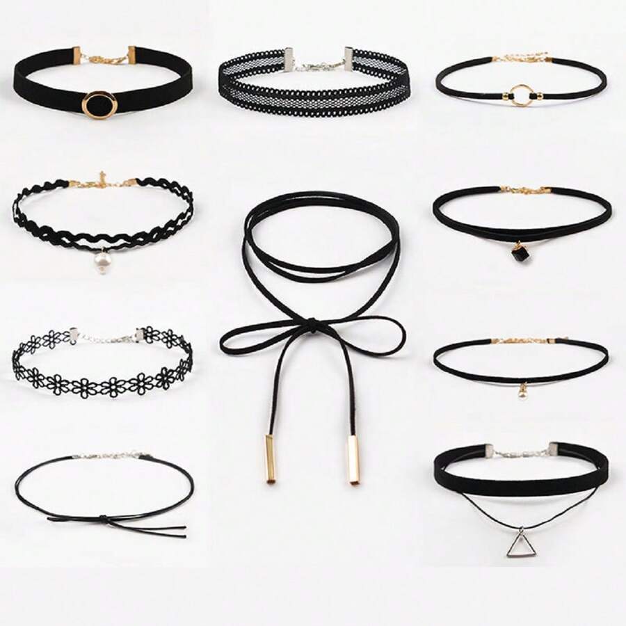 Set de 10 collares gargantilla de encaje con estilo minimalista gótico, europeo y americano, collares cortos para damas