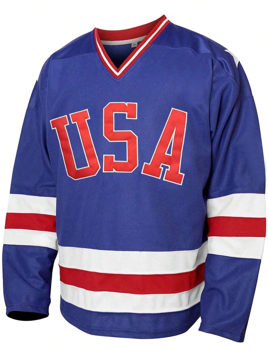 Maglietta a maniche lunghe con scollo a V, stile boyfriend, in jersey di hockey su ghiaccio americana blu, ricamata e impunturata, adatta per eventi sportivi e festa