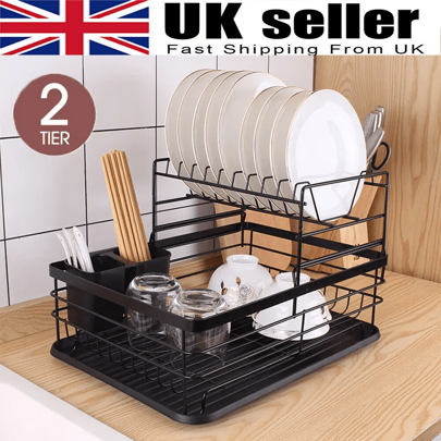 2 Tier Dish Drainer Rack Cutlery Holder Plate Rack Kitchen Sink With Drip Tray