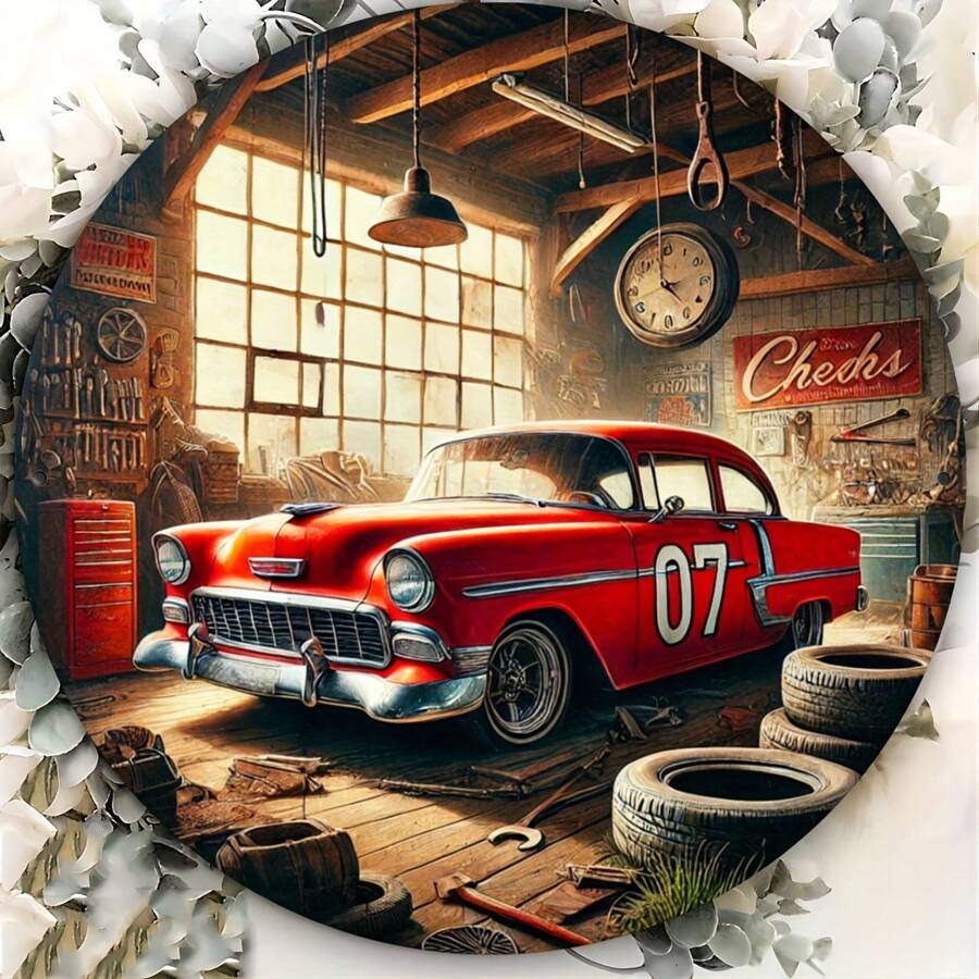 Semn metalic circular pentru mașină de epocă clasică, decor de perete retro pentru casă și garaj, ideal pentru bar, cafenea și restaurant - stil clasic, material de fier, suport pentru agățat pe perete, utilizare multifuncțională, fără energie electrică sus, jos, stânga și dreapta diferite poziții de găuri Livrare aleatorie, decorațiuni interioare, decor de cameră, decor de perete