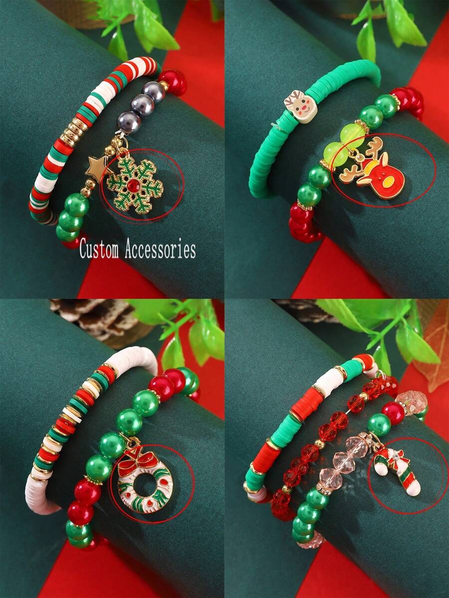 Set de 3 piezas: Pulsera y colgante de arcilla polimérica con perlas falsas hechas a mano para Navidad para mujeres