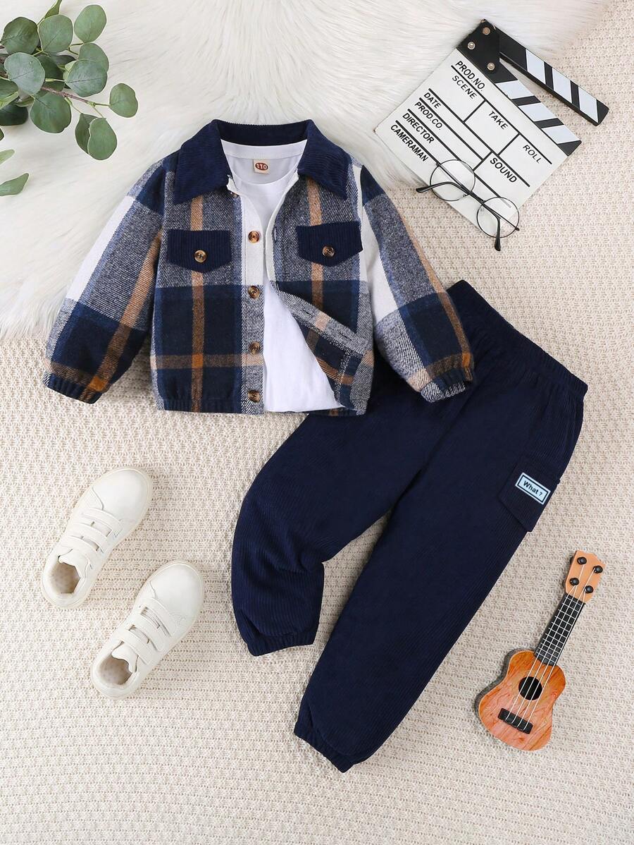 2 szt. Chłopięca gruba krata Patchworkowa kurtka z sztruksowymi spodniami Outdoor Casual Outfits