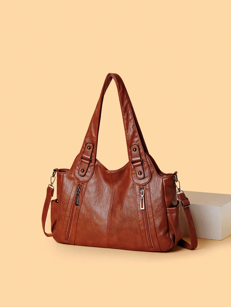 Nuevo bolso de hombro, billetera y bolsa de mano de moda clásica y versátil de gran capacidad, en unicolor de tela de PU retro, con cierre de cremallera, adecuado para compras, viajes