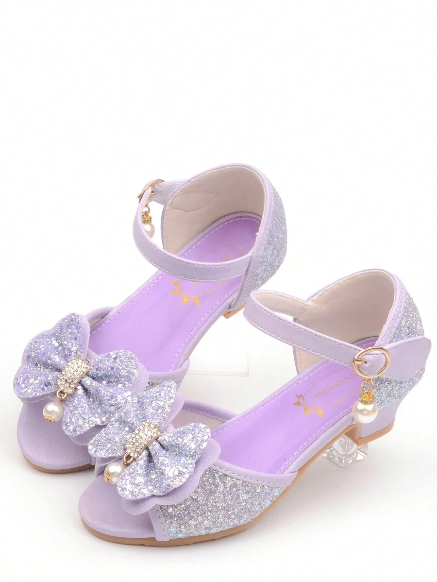 Children Princess High Heel Sandals Bowknot Sandals Purple Dress Shoes Glitter Girls Shoes