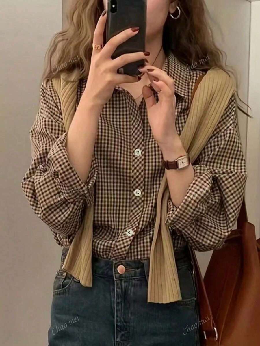 Camisa casual de mujer de manga larga a cuadros, de otoño, tops de manga larga