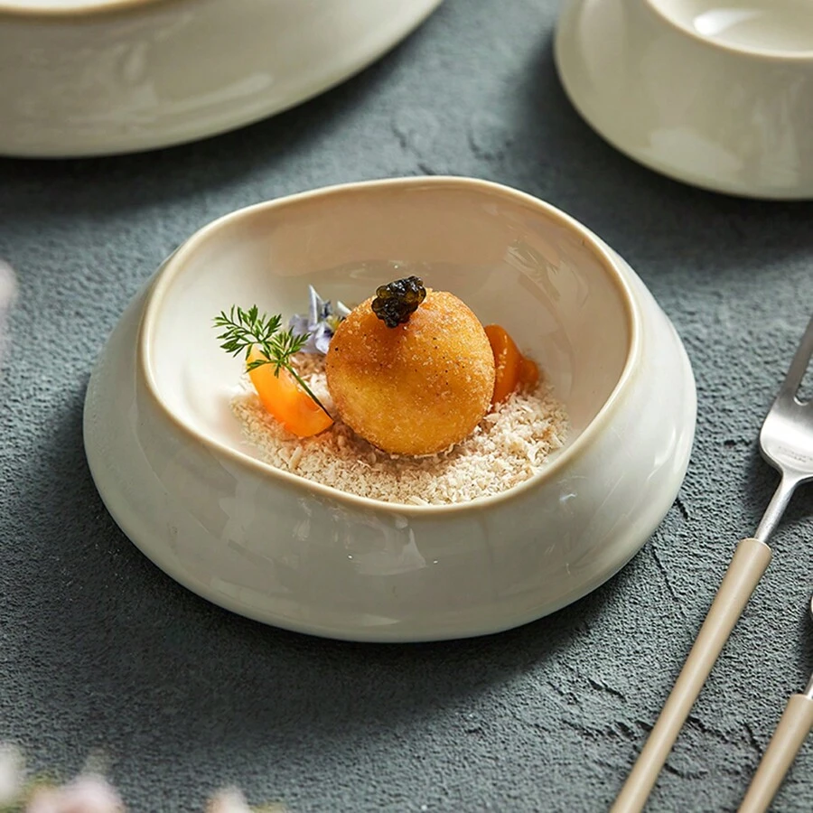 1pc Ceramic Dish, White Serving Bowl, Elegant Tableware For Dining, Modern Round Plate For Salads, Soups, Home & Restaurant Use