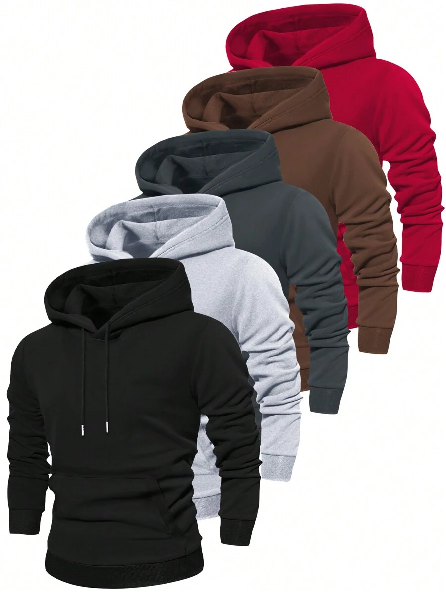 5 piezas Sudaderas con capucha de manga larga de bolsillo de ajuste regular para hombres, ropa deportiva básica casual, primavera/otoño