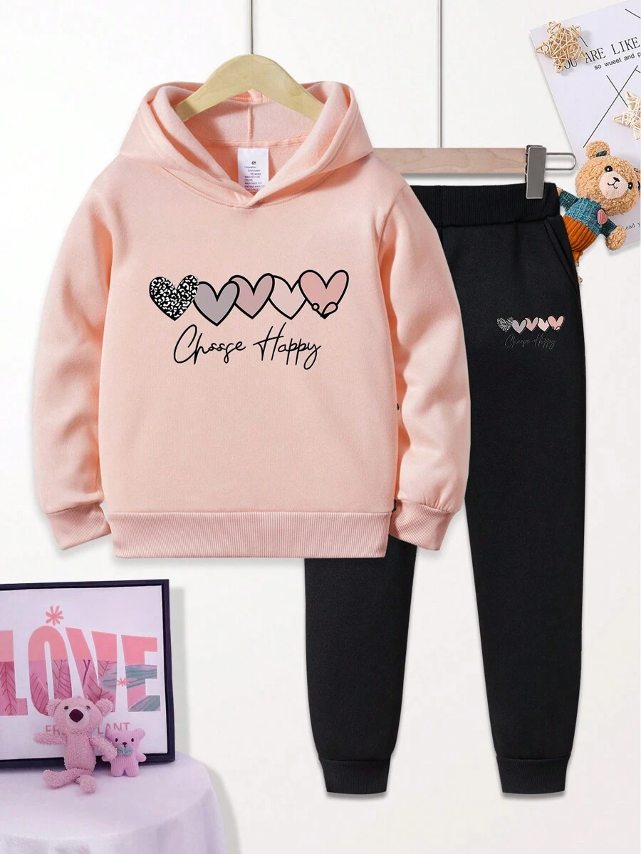 Ensemble De Survêtement Fille Avec Capuche Thermique À Graphique Cœur Et Lettre & Pantalon De Survêtement