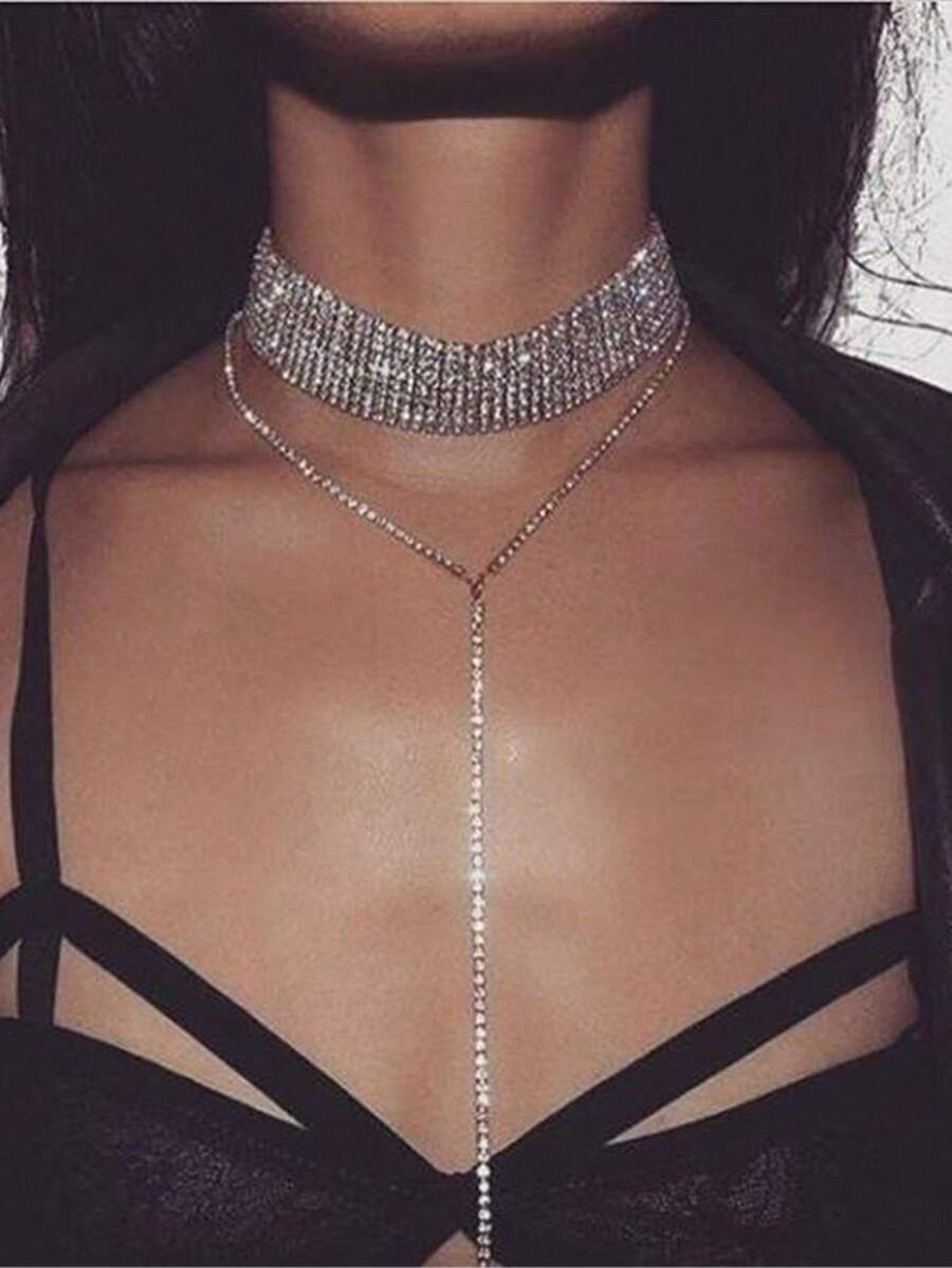 1pc Elegant Rhinestone Choker Necklace, Minimalist Long Chain Necklace For Women, Party Jewelry