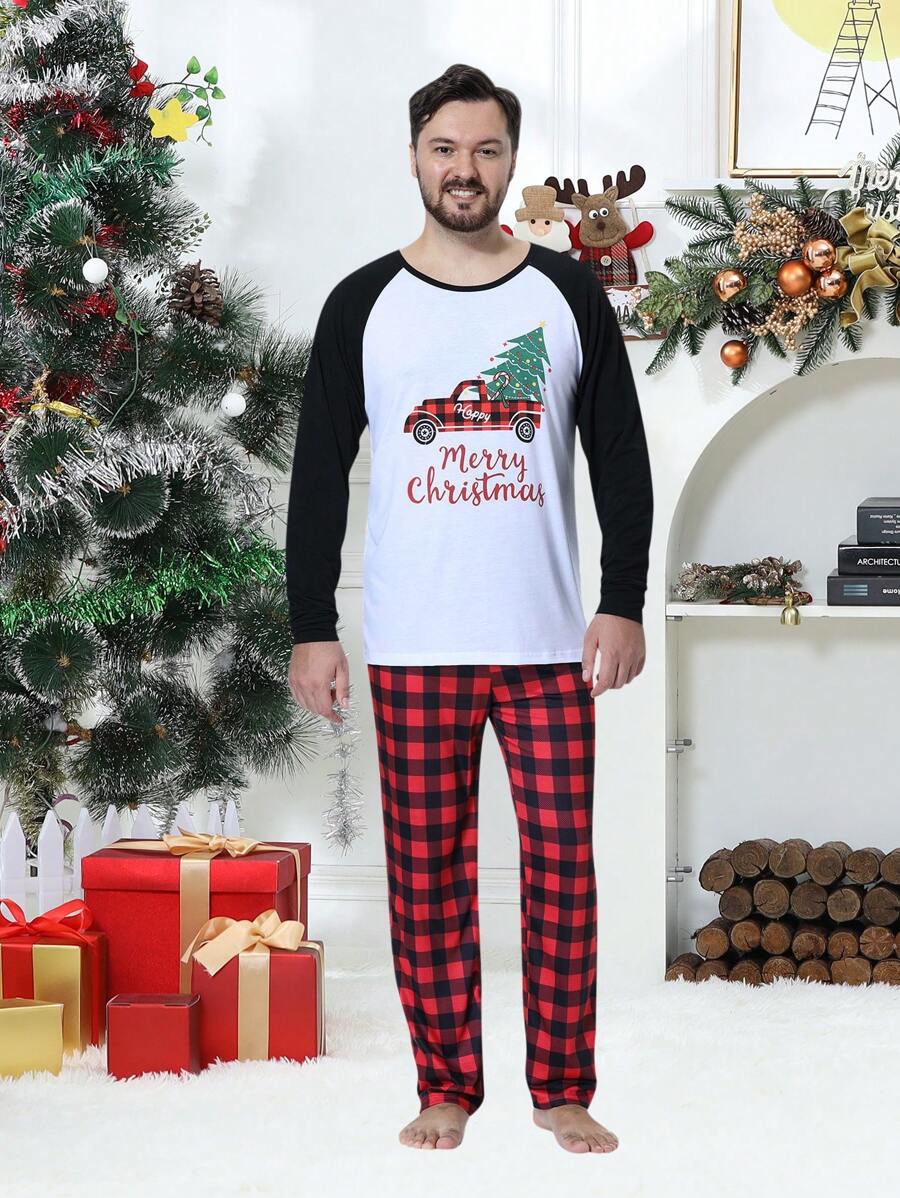 2 peças/conjunto Pijama Família Combinando Natalino Masculino com Estampa Xadrez Engraçada de Carro e Árvore de Natal, Camisa de Manga Longa e Calça, Roupa de Relaxar Aconchegante para Feriados