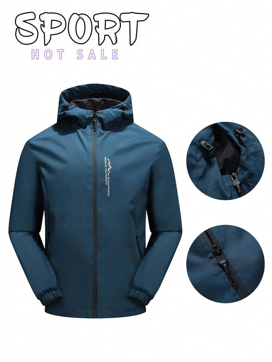 Plus Size Men's Hooded Outdoor Softshell Jacket, Casual Sports Windbreaker
