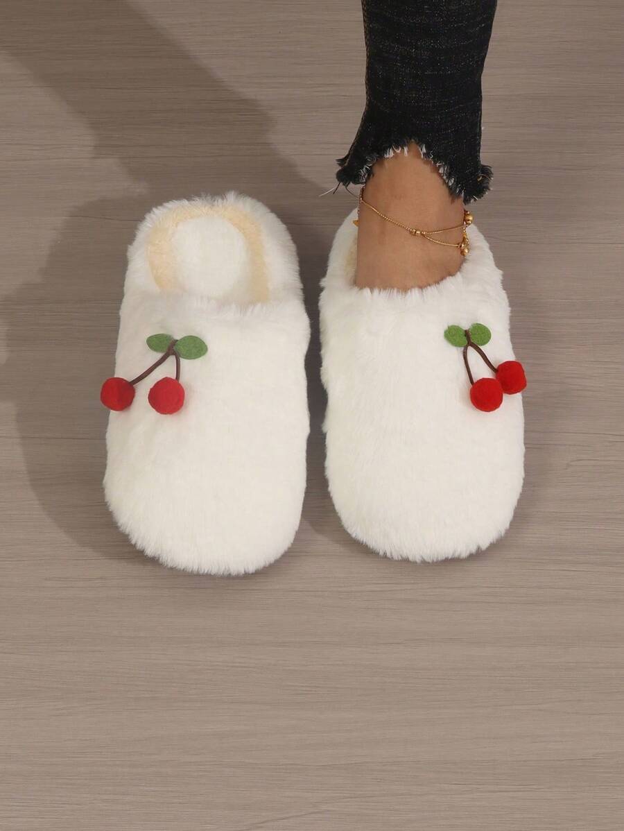 Cherry Cartoon Plush Women's Slippers, Soft Bottom Flat Warm Lined Slippers, Popular European And American Style For Autumn/Winter
