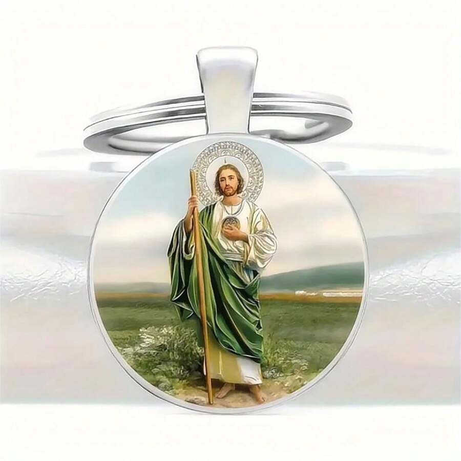 1 pieza Llavero con figura de Jesús, llavero de metal, colgante redondo, adecuado para bolso, coche, joyería, regalos de pareja, amigos, accesorios de moda para mujer, aniversario, accesorio para coche sencillo, accesorio para mochila escolar