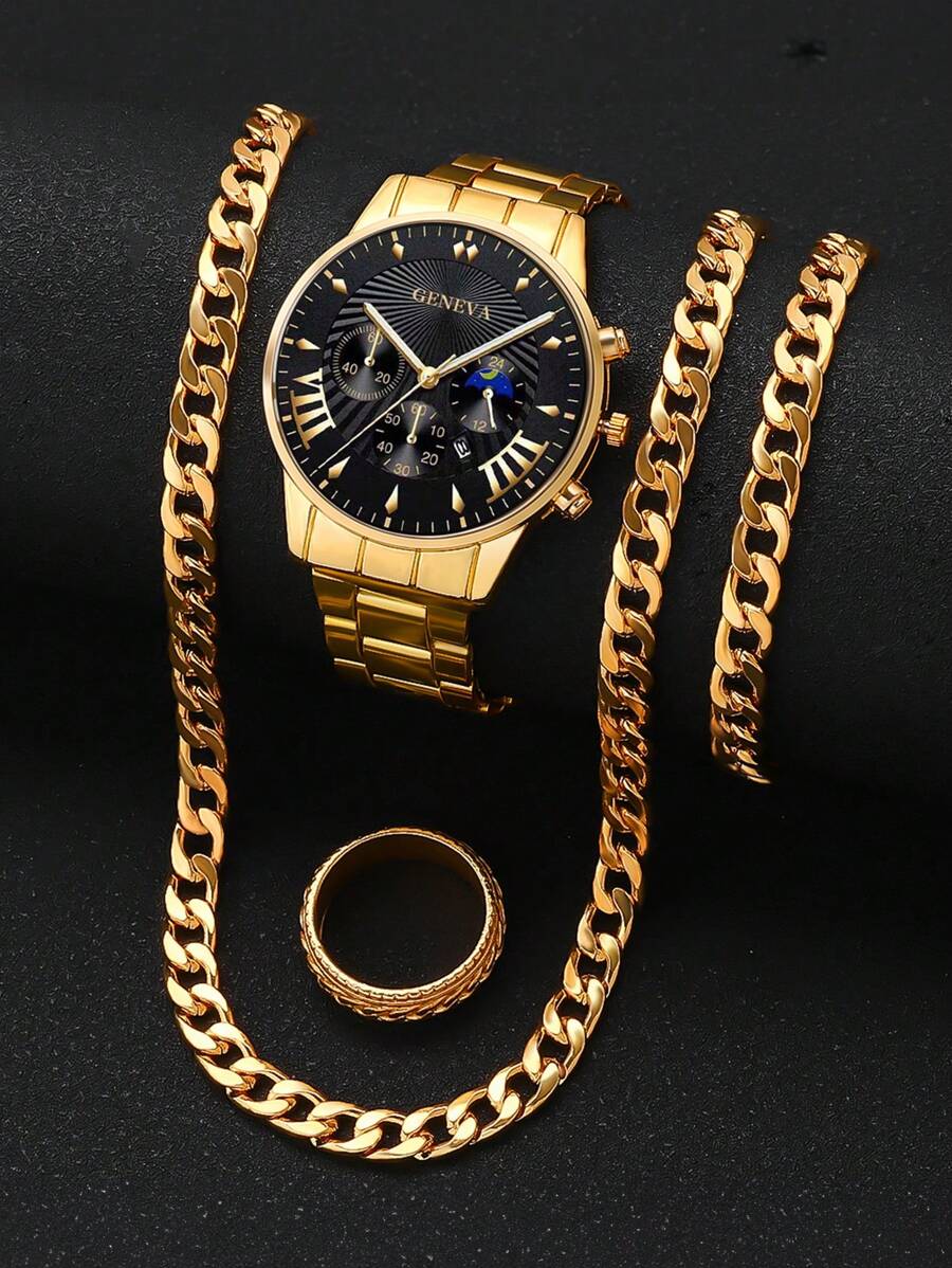 Conjunto de 4 piezas: Reloj de pulsera de cuarzo de puntero redondo de lujo para hombre, con collar, pulsera y anillo, conjunto de relojes para hombre