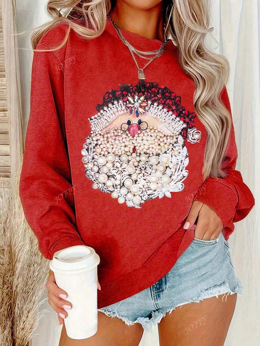 Christmas Santa Claus Graphic Print Crew Neck Women Sweatshirt