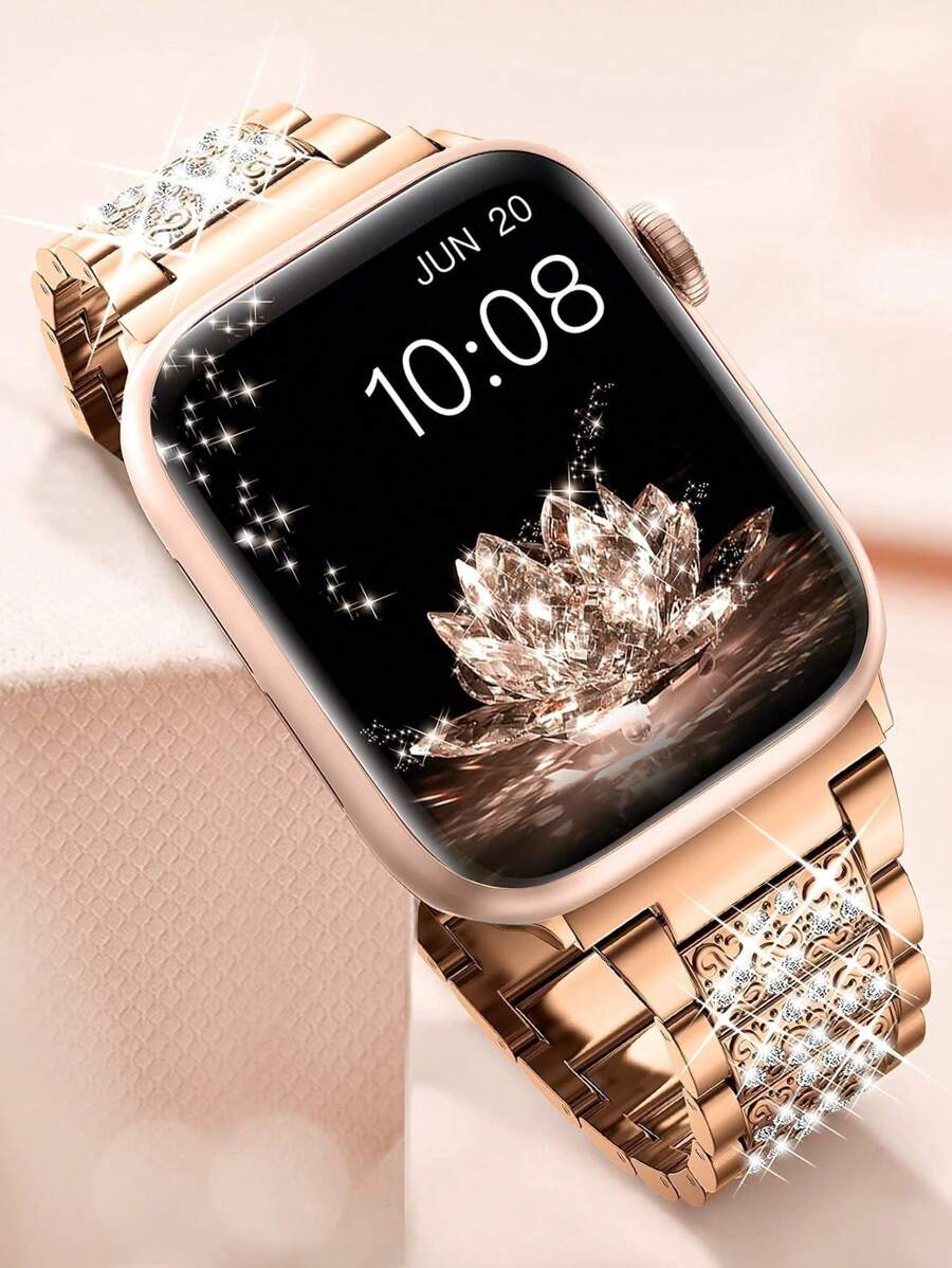 1 pieza Correa de Reloj de Apple para Mujer de Lujo con Brillos de Cristal Rhinestone de Acero Inoxidable en Color Oro Rosa