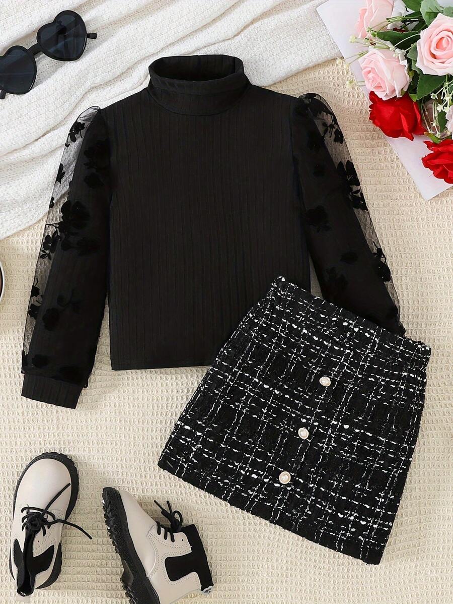 Set van 2 casual coltrui-top met lange mouwen voor jonge meisjes en A-lijn rok, 2-delige outfits, herfst/winter